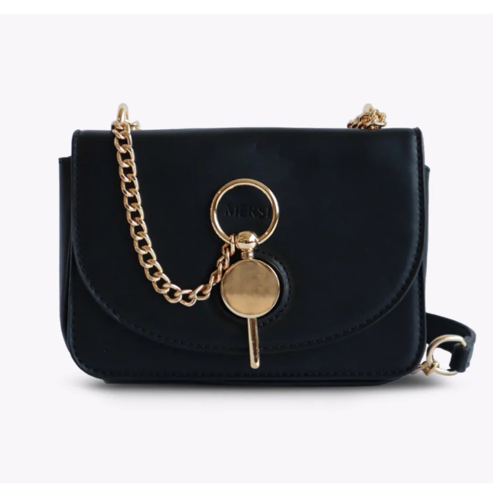 NWT Mersi Women’s Maddie Vegan Leather Black Crossbody Bag‎ with Gold Accents